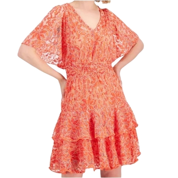 Taylor Coral Lace Tiered Ruffle V Neck Fairycore Short Sleeve Dress NWT Sz 4 - Picture 2 of 9